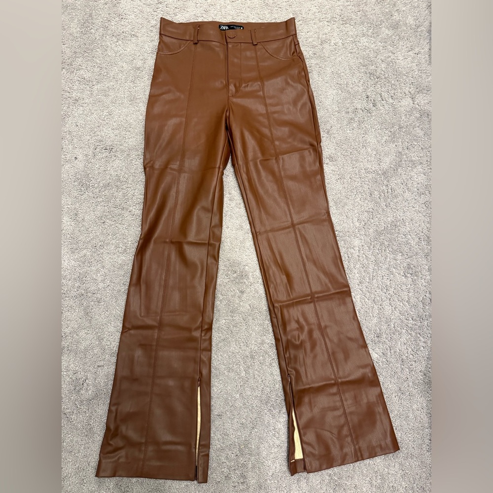 Zara Brown faux Leather boot cut pants